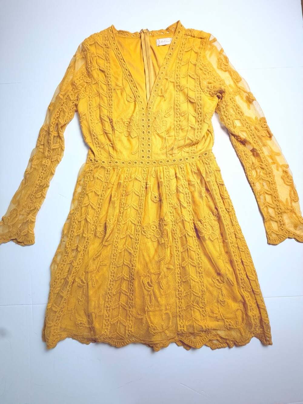 Altar'd State Yellow Lace Midi Dress Women's M Long Sleeve V-Neck Boho Floral